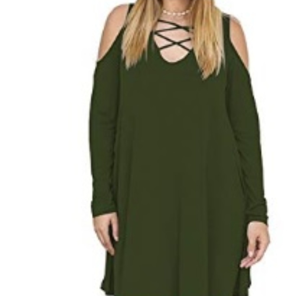 Olive cold shoulder lace up long sleeve dress